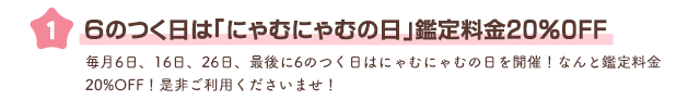 6のつく日は「にゃむにゃむの日」鑑定料金20％OFF 毎月6日、16日、26日、最後に6のつく日はにゃむにゃむの日を開催！なんと鑑定料金20％OFF！ぜひご利用くださいませ！