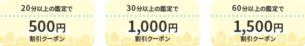 20分以上の鑑定で500円割引クーポン、30分以上の鑑定で1,000円割引クーポン、60分以上の鑑定で1,500円割引クーポン